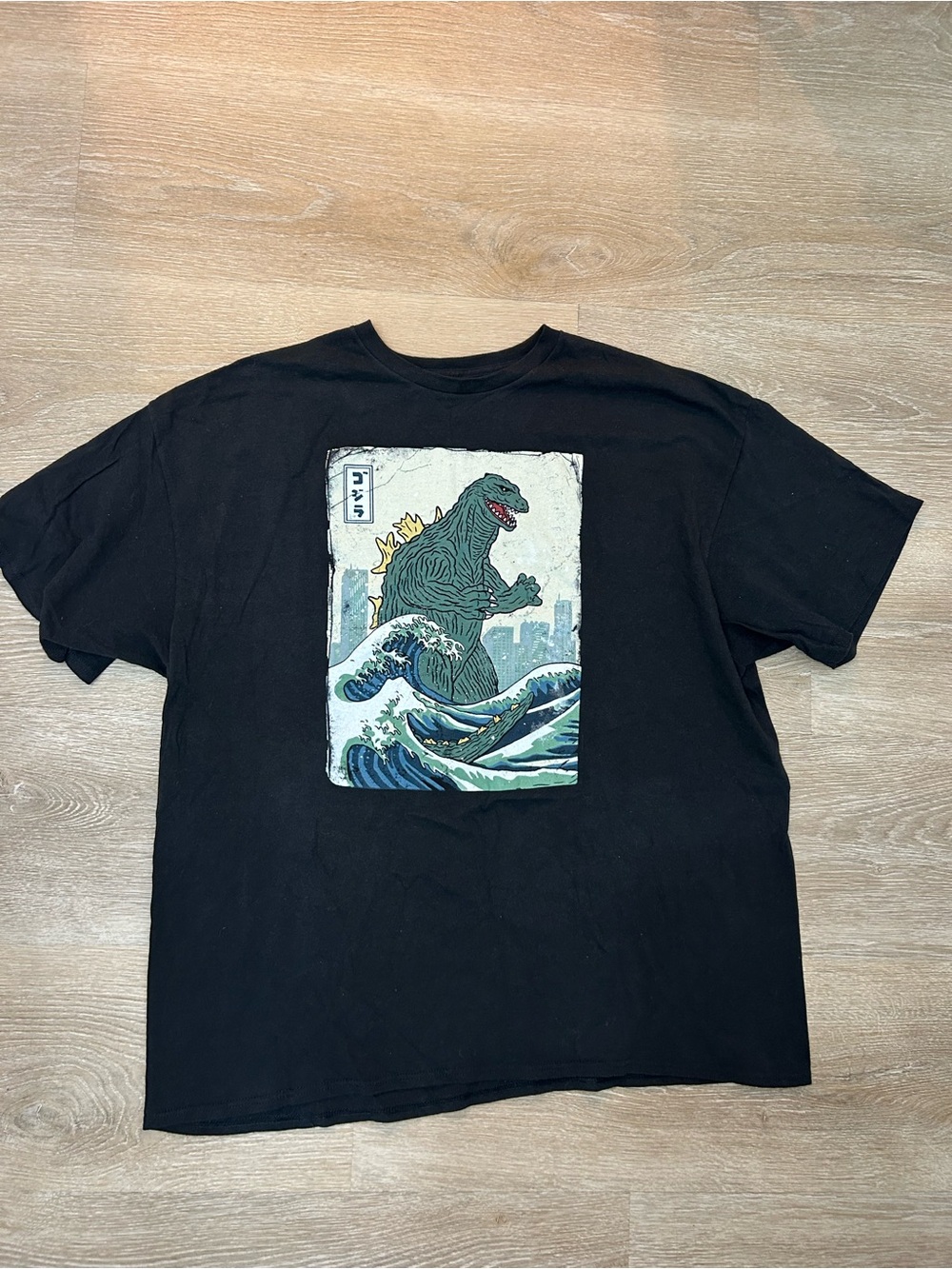 GODZILLA Great Wave Off  Kanagawa TShirt Men's 2XL Black Famous Woodblock Print